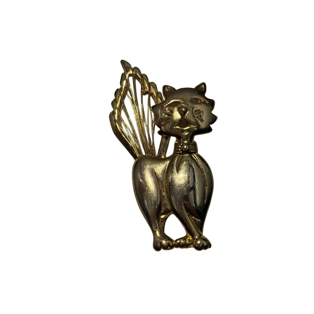 Vintage Signed SFJ Gold Tone Fanned Tail Feline Kitty Cat Kitten Brooch Pin